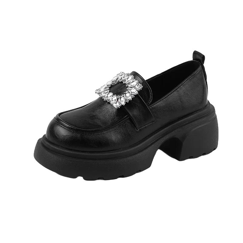 

Лоферы с пряжкой из стразов, осенние новинки, с круглым носком, с глубоким вырезом, на платформе, нескользящие, износостойкие, туфли на блочном каблуке 35