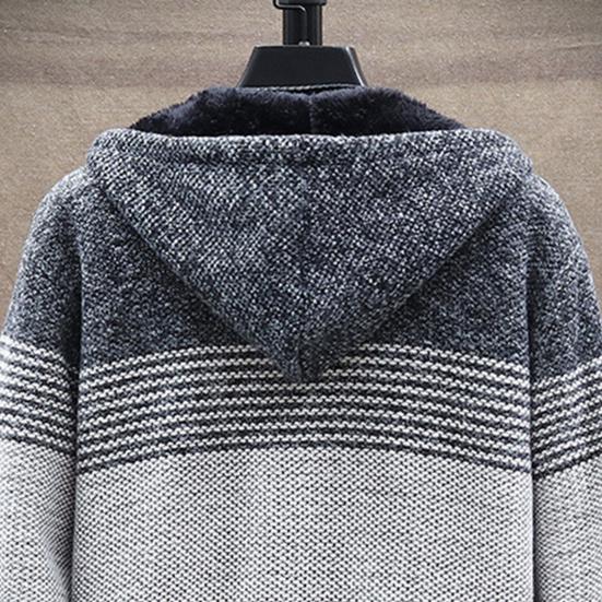 Pánský pletený kabát barevný blok s kapucí podzim zima zateplený plyšový hřejivý kardigan svetr pro každodenní nošení