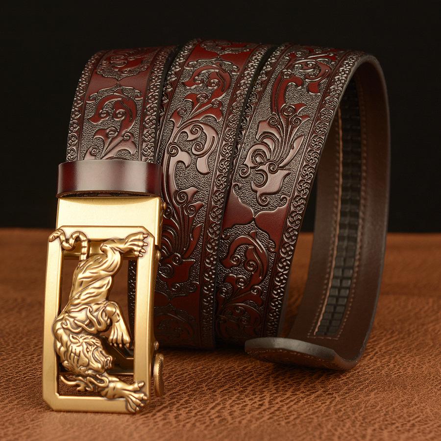 Tiger Engraved Automatic Buckle Cowhide Men's Zodiac Belt - Casual Retro Style
