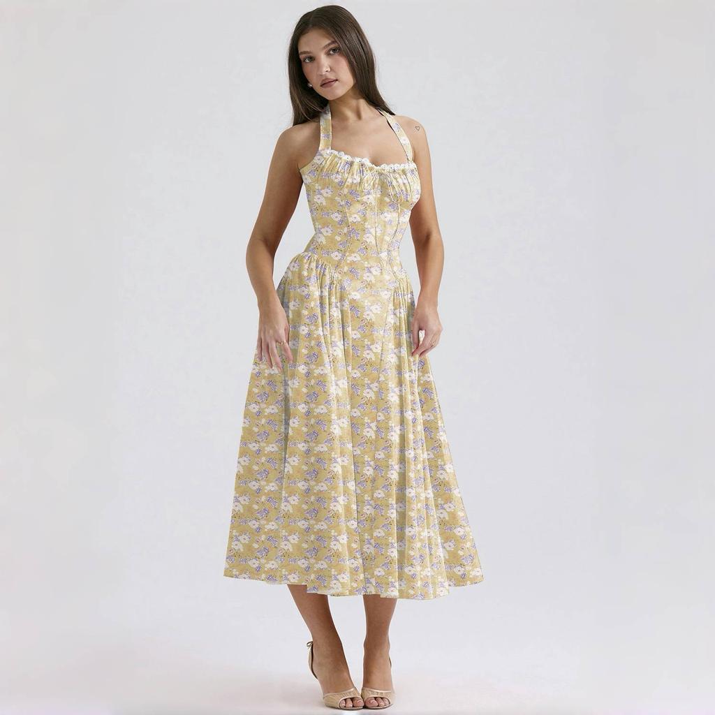 LYRIA Elegant A Line Midi Dress New Arrivals Halter Sexy Holiday Party Dresses Summer Women's Clothing Wholesale