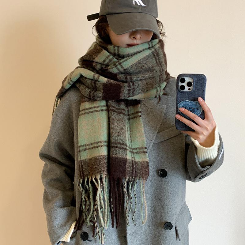 2025 Retro Korean Style Women's Warm Plaid Scarf & Shawl in Brown