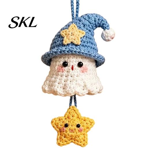 Crochet Ghost Hanging Decor Halloween Decoration, Handmade Ornament for Car Backpack Charms Rearview Mirror, Knit Yarn Pendant Holiday Hand Woven