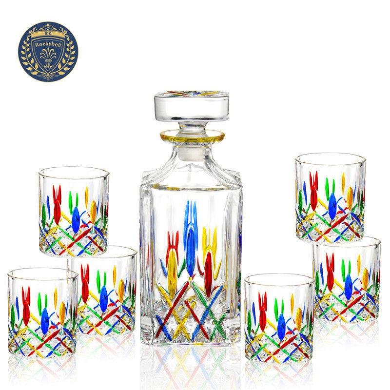 Bunte Kristallglasflasche und Tassen, Weinkaraffe, Whiskey, Likörgießer, Hausbar Wodka Bierflaschenglas, JR