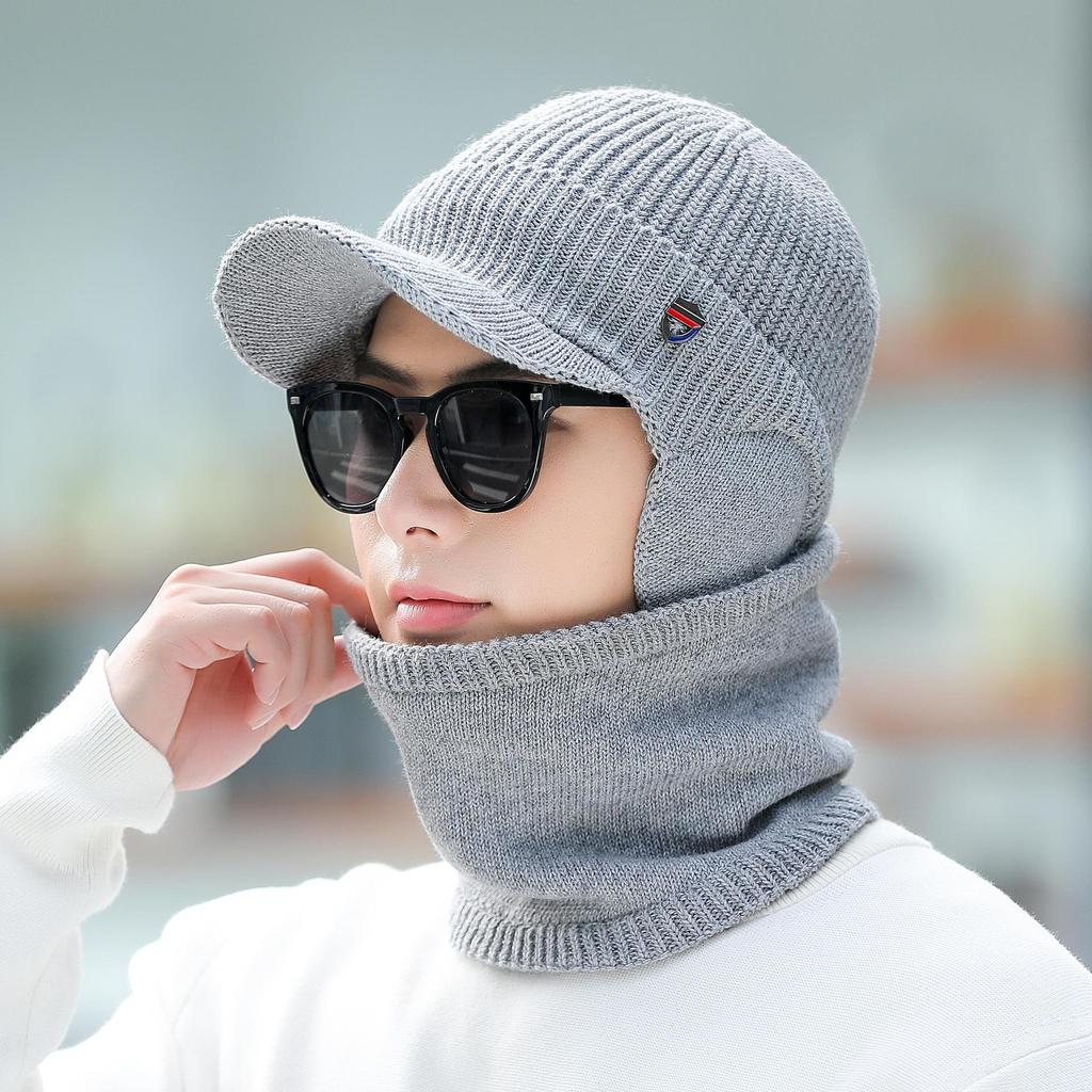 Men's Windproof Cold-proof Solid Color Warm Plush Stretchy Hats Autumn Winter Ear Protection Large Size Outdoor Knitted Hats