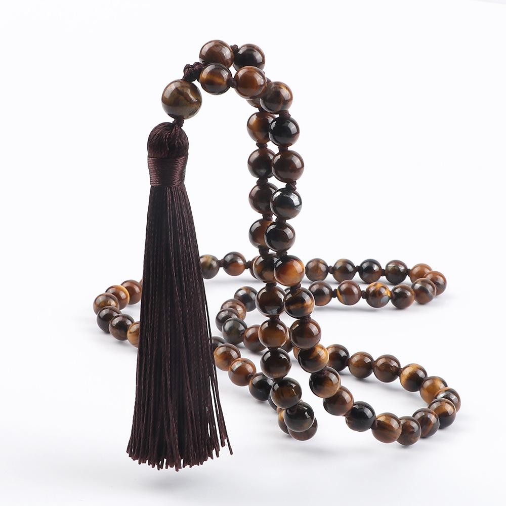 European 8mm Stone Bead Tassel Necklace and Multi-Strand Buddhist Bead Bracelet