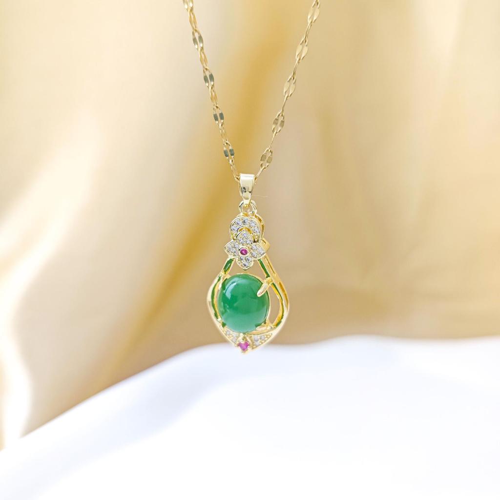 Emerald Gemstone Titanium Steel Necklace for Women - Light Luxury Pendant