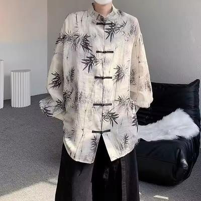 Bambusowy Nadruk Literatura Sztuka Top Styl Chiński Codzienny Ulepszony Cienki Top Tang Suit Męski Modny Retro Koszula