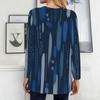 Women Plus Size Round Neck Long Sleeve Blue Printed Loose Longline T Shirt With Pockets