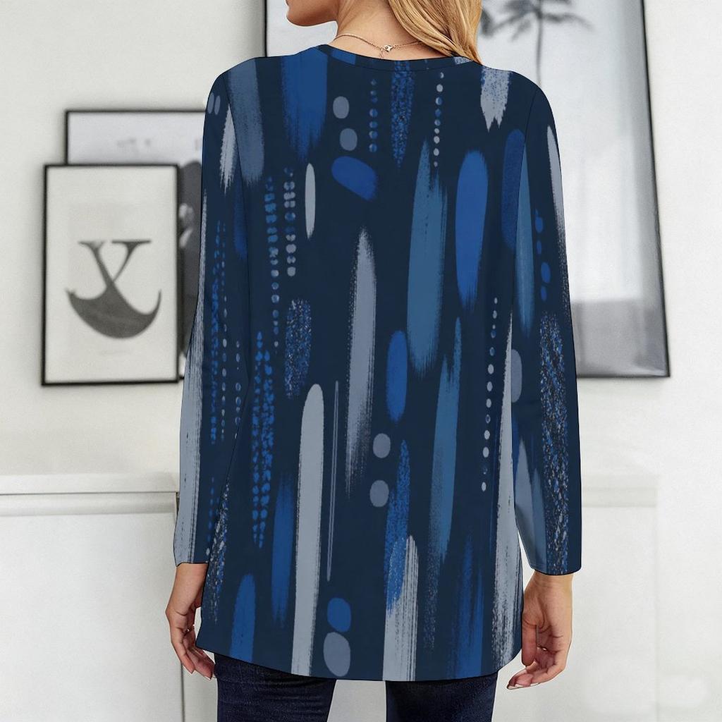 Women Plus Size Round Neck Long Sleeve Blue Printed Loose Longline T Shirt With Pockets