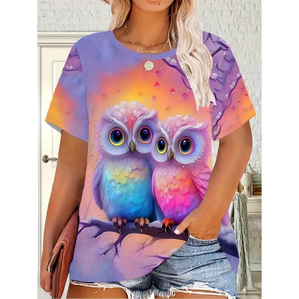 Ladies Fashionable Comfortable Printed Animal T-shirt Interesting Animal Owl Bird Patterns Loose Breathable Large Size Short Sleeved T-shirt