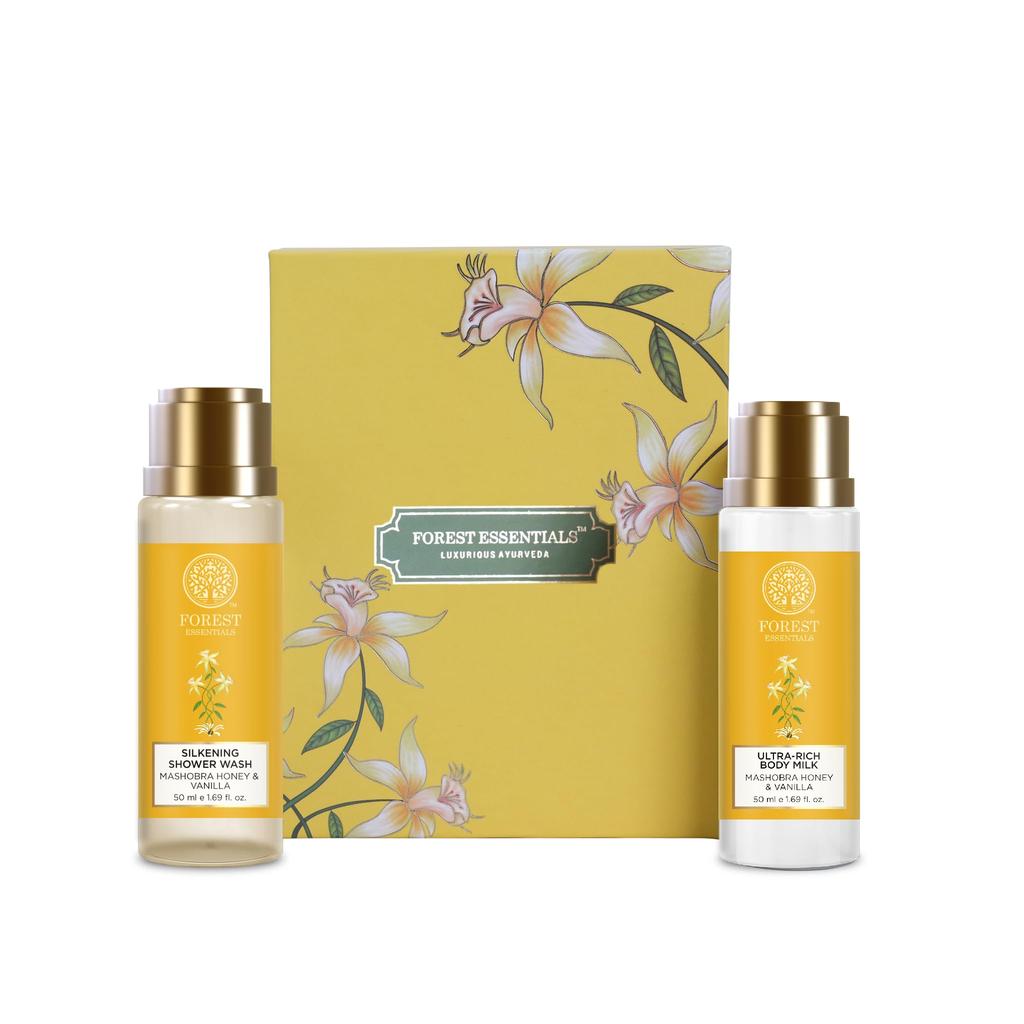 Forest Essentials Luxuriöses Bade- und Körperpflege-Geschenkset | Duft nach Honig und Vanille | Körperwäsche und Körperlotion