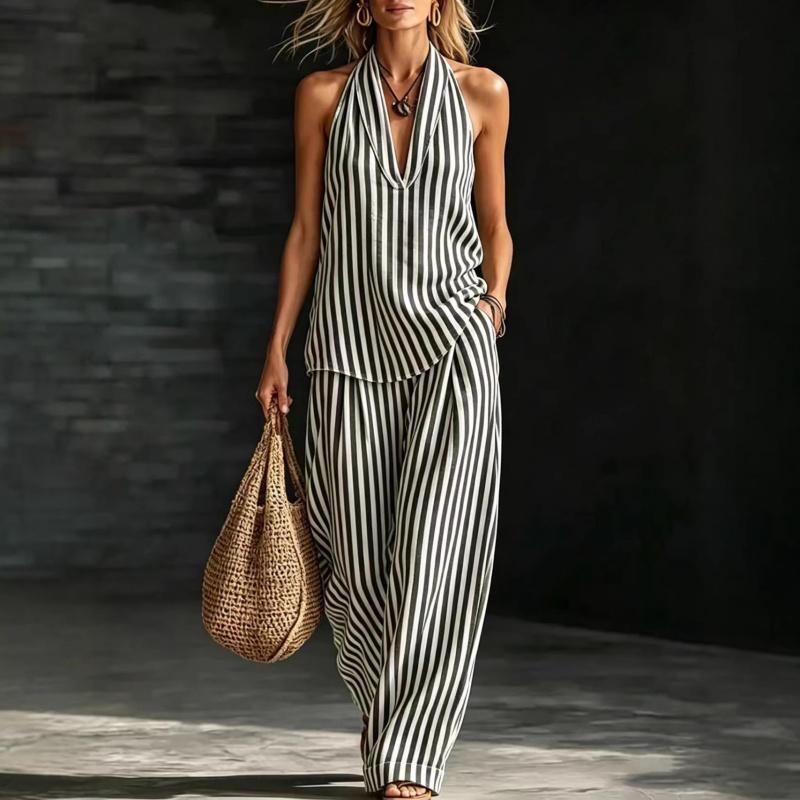 Women Linen V Neck Sleeveless Top and Wide Leg Pants Set Casual Loose Fit Striped Two Piece Outfit for Daily Wear