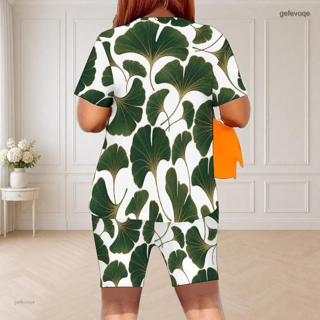 Women Plus Size Blue Rose Floral Printed Round Neck Short Sleeve Two Piece Fitted Shorts Set