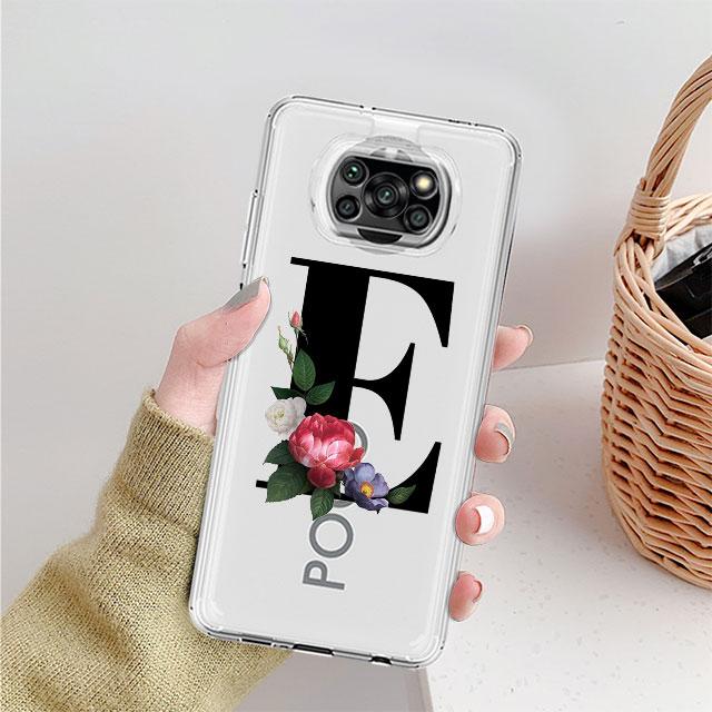 Transparente Hülle für Xiaomi Mi Poco X3 NFC M3 Pro F3 F1 11 Lite 12 Redmi Note 10 9S 8 7 9 Weiche Handyhülle Buchstaben DIY Blume