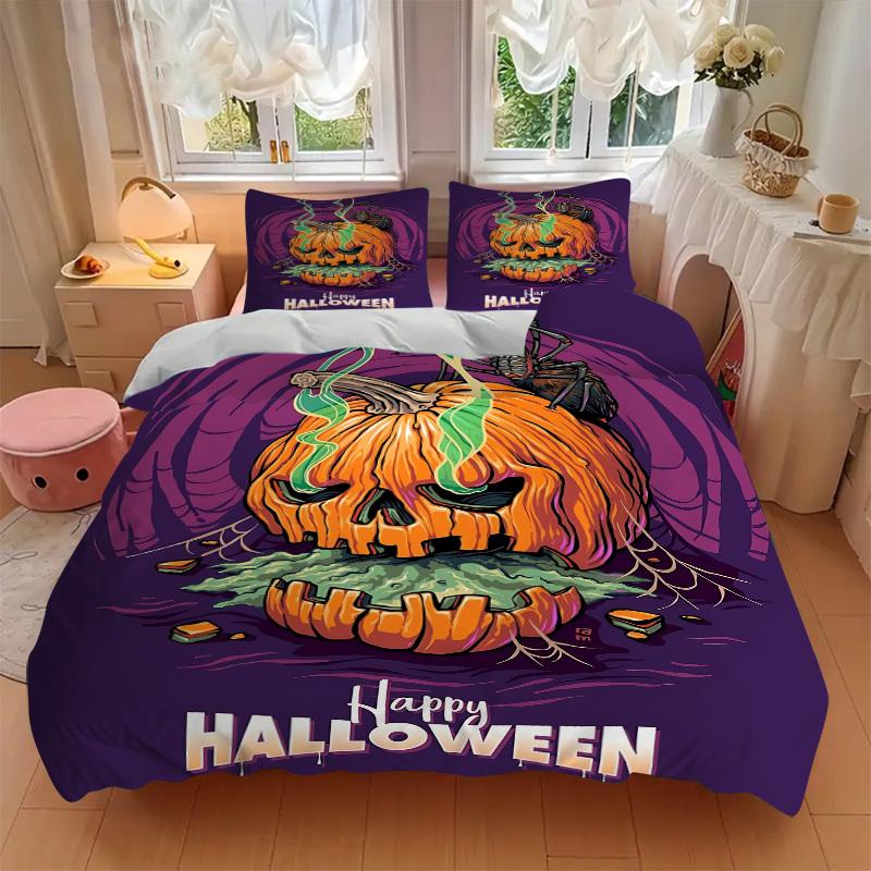 3pcs Halloween Pumpkin Duvet Cover Set - Machine Washable, Includes 1 Cover and 2 Pillowcases, No Core Included Yy251013063