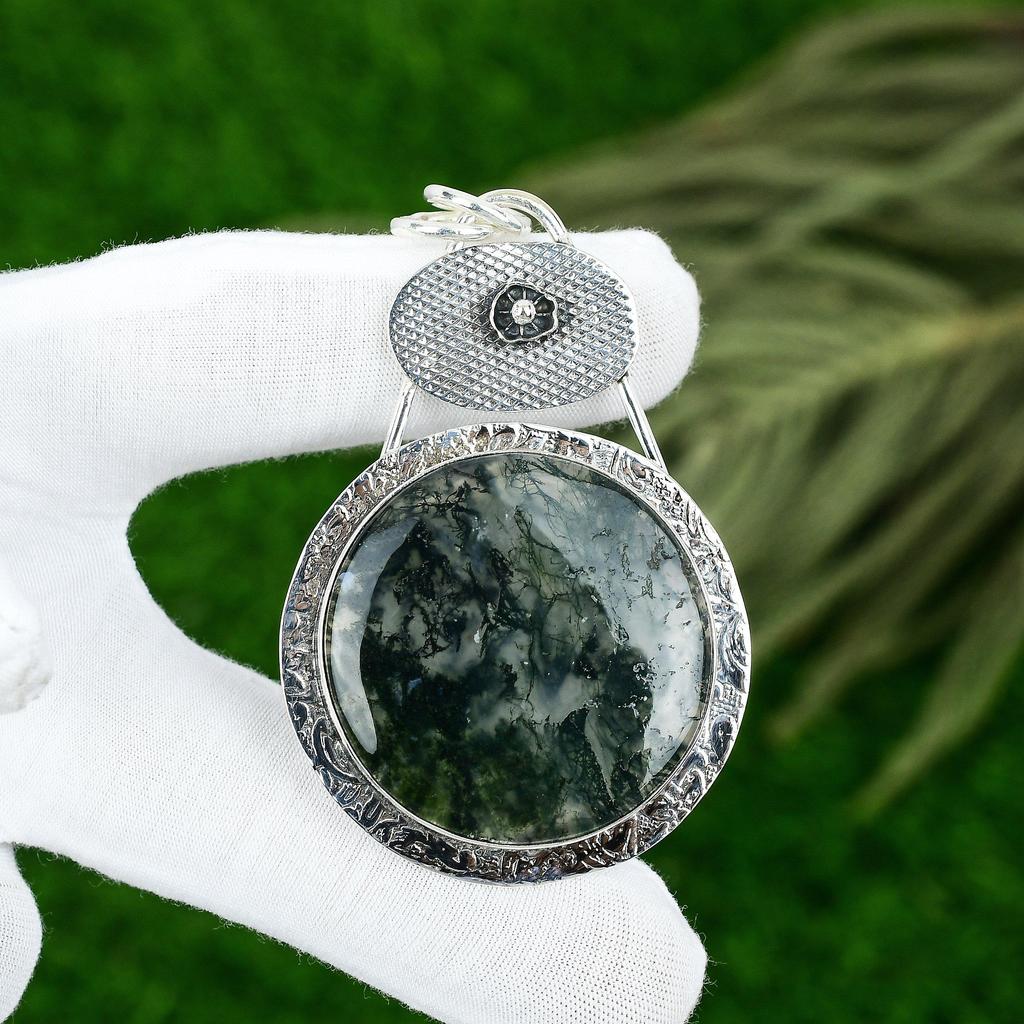Geschenk für Sie 925 Sterlingsilber Natürlicher Solar Moos Achat Edelstein Anhänger