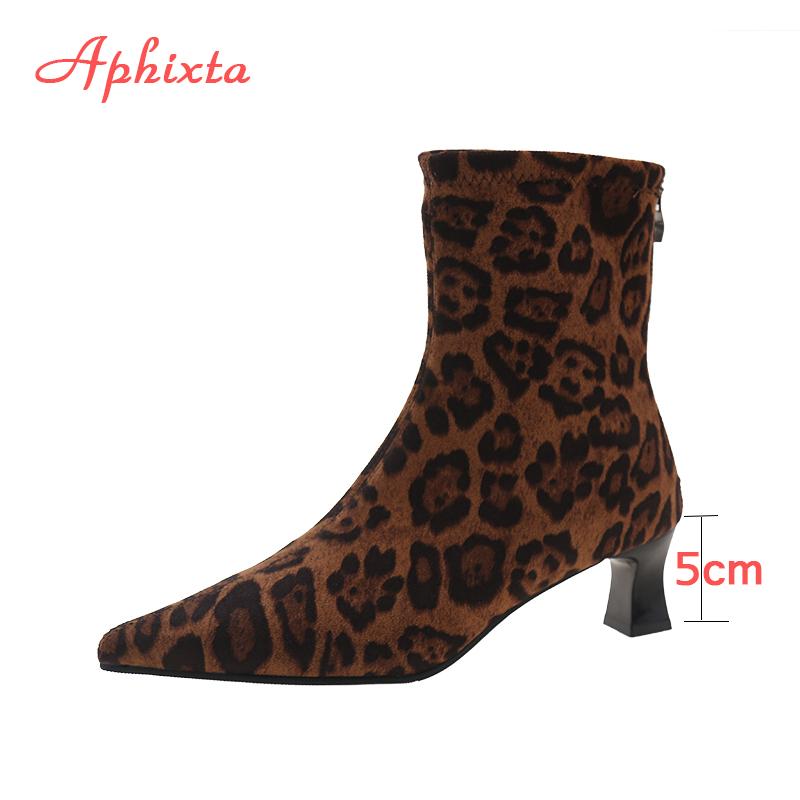 Fashion Aphixta Soft Stretch Fabric Women Ankle Boots Leopard Print Modern Boots 5cm Spike Heels Shoes Woman Boats Botines Para Mujeres