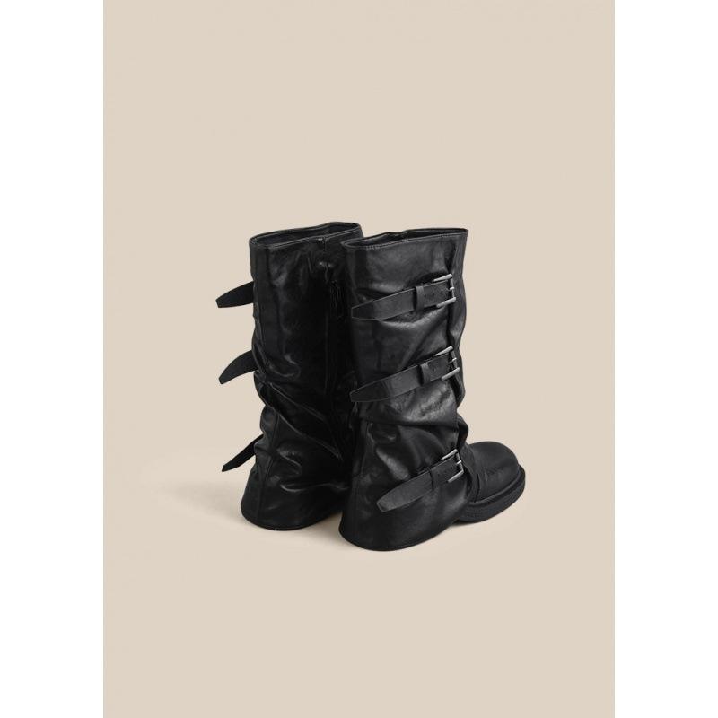 2025 Autumn and Winter New Retro Belt Buckle Western Cow Boots Wrinkled Boots Thick Heel Trouser Tube Boots Knight Boots Spice Girl Boots