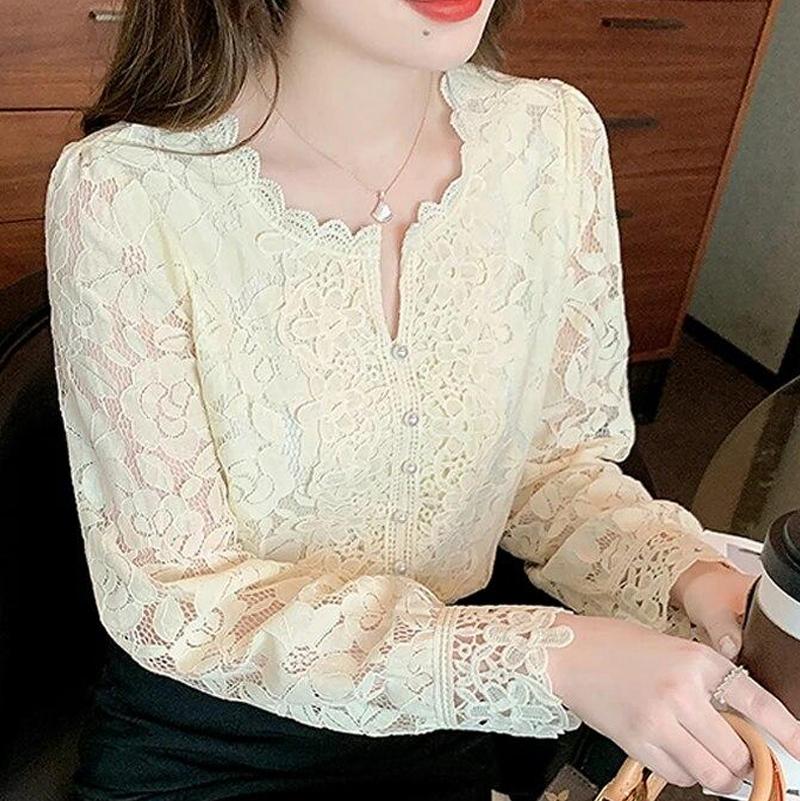 Neue Allgleiches Frauen Spitze Bluse Blütenblatt Hülse Stehkragen Aushöhlen Blume Spitze Patchwork Hemd Femme Taste Weiß Top 19234