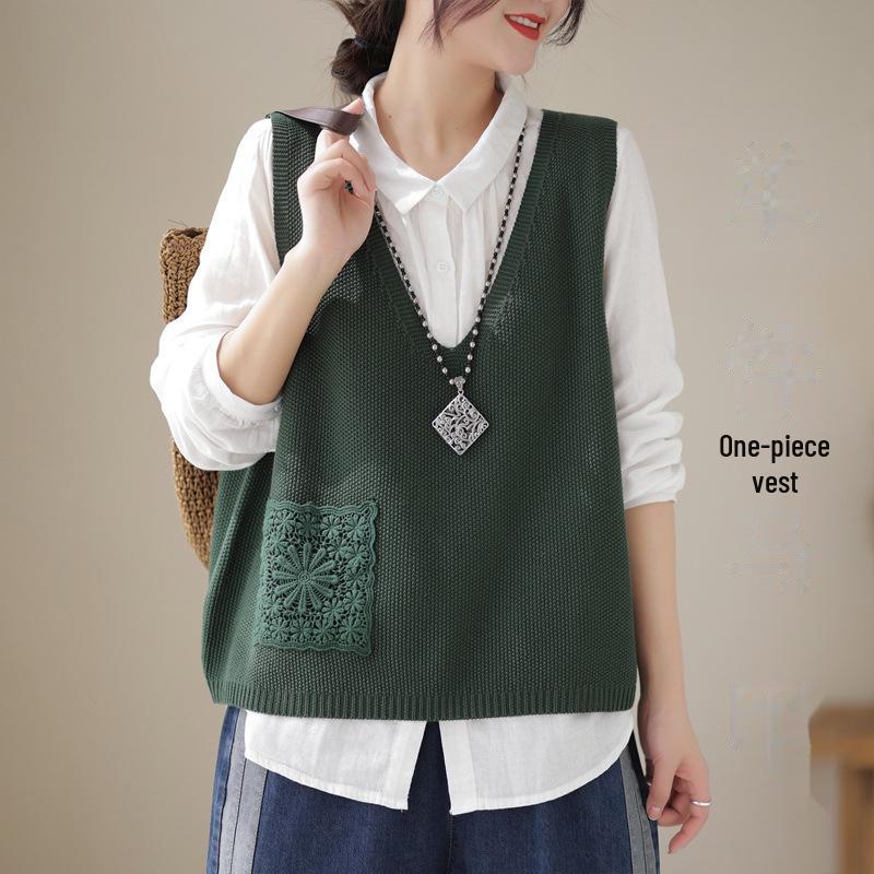 "Spring 2024 Women's Knitted Sleeveless Lace-Trim Vest – Solid Color Casual Top"