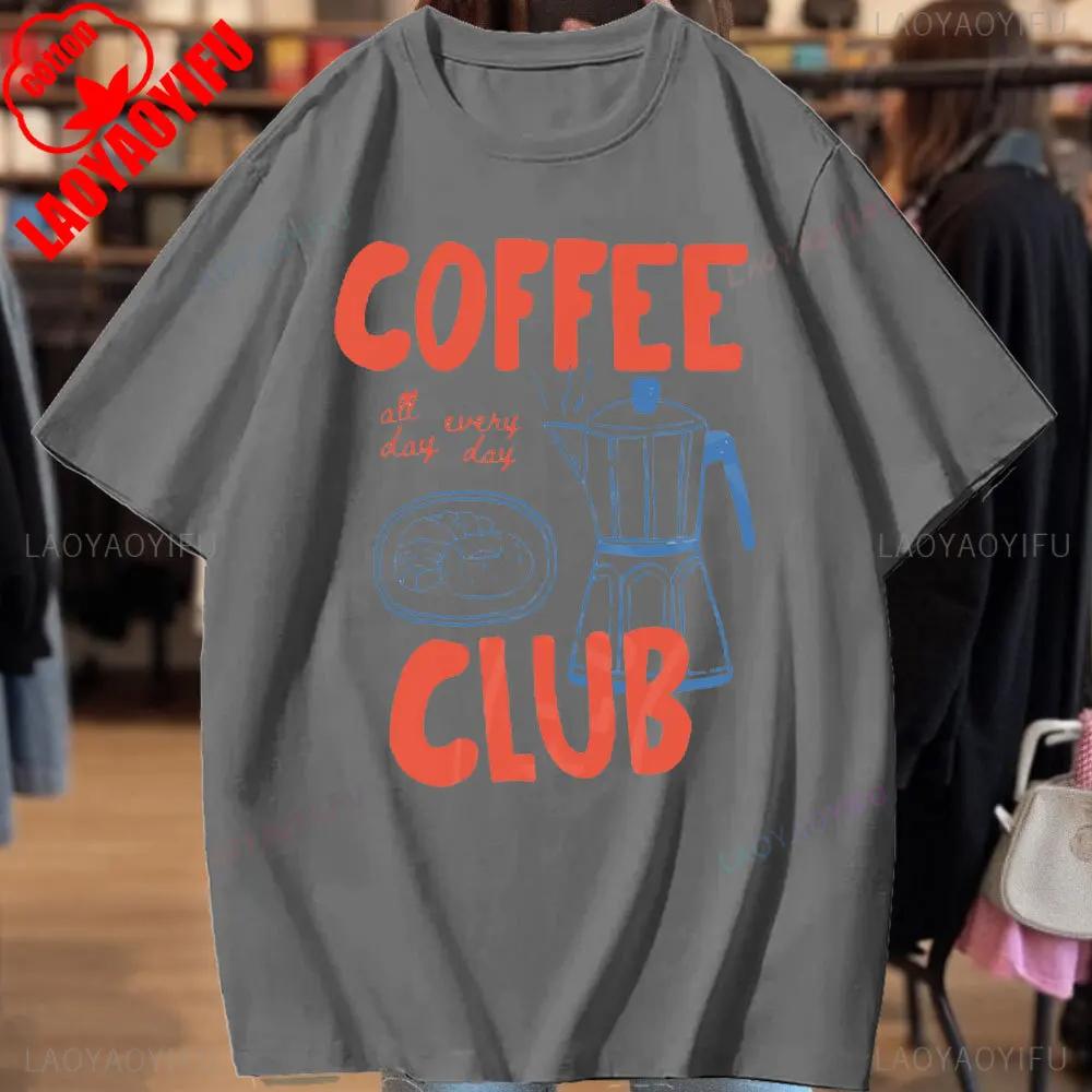 Kaffeeclub Muster Kaffee-Enthusiast Geschenk Retro Kaffeeclub T-Shirt Lebensmittelästhetik Mode Y2k Oberteil Sommer Baumwolle