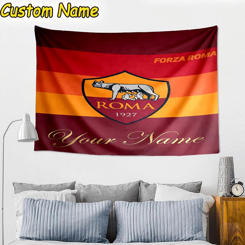 Custom Name AS Roma Football Club Emblem Tapestry Room Decoration Wall Hanging for Living Room Bedroom, dormitory, Birthday and Christmas gifts