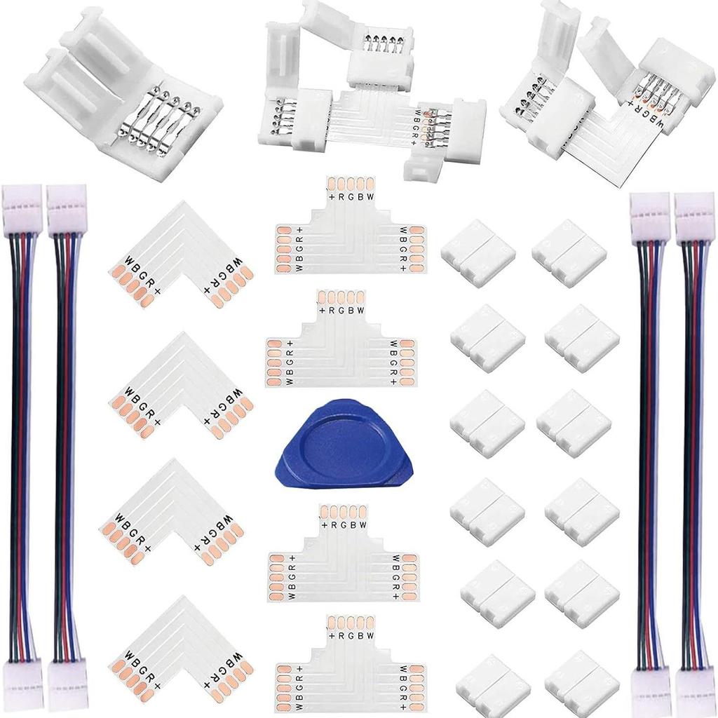 25-Pack 5-Pin 10mm RGBW LED Strip Connector Kit: Solderless L-Type & T-Type Adapters