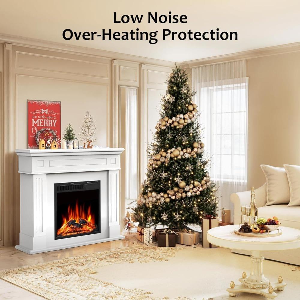 43 Inch Fireplace TV Stand with Mantel - Electric Fireplace Heater, Wooden Entertainment Center, Adjustable LED Flame, Freestand
