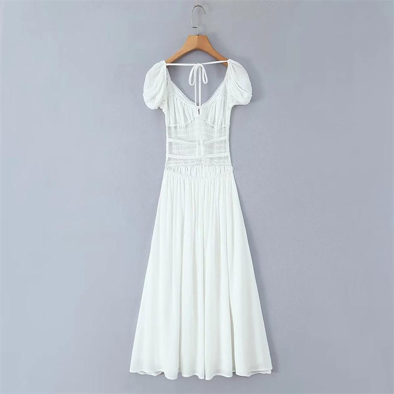 2026 Chic Lace Puff Sleeve Retro V-Neck Backless Evening Dress