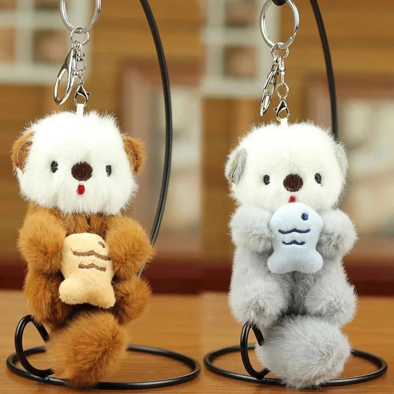 2pcs Fashion Lovely Plush Otters Holding Fish Key Chains Cartoon Cute Otters School Bag Pendant Keyring Funny Toy Student Gifts