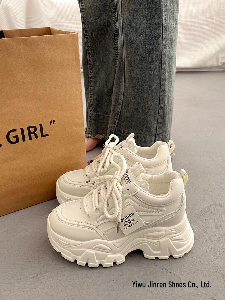 Women s Thick-Soled Muffin Dad Shoes: 2025 Height-Boosting Spring/Autumn White Casual Sneakers 39 бежевый