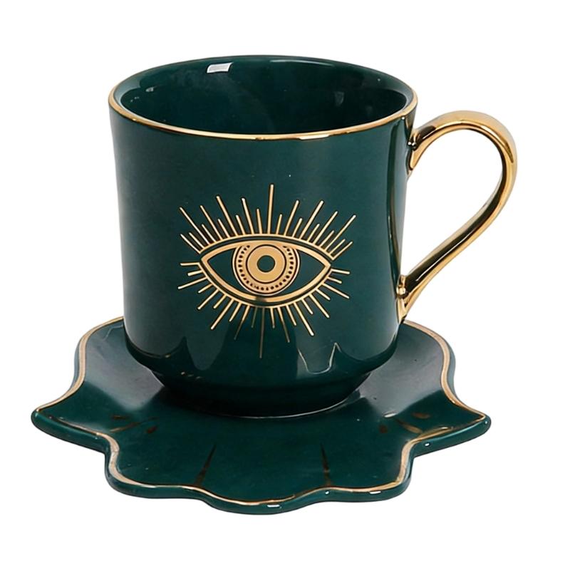 Ceramic Coffee Cup and Hand Shape Saucer Set Turkish Evils Eye Theme Mug Drinkware Gift for Safe Tea Milk Drinking