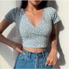 New Floral Short Umbilical Top for Women with Summer Slim Fit and Slim V-neck Short-sleeved Korean T-shirt for Women
