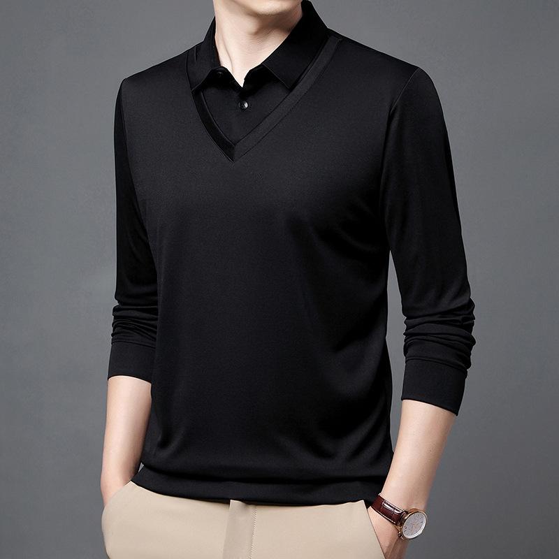 Spring and Autumn New Style Middle-aged Thin Fake Two-piece Men's Lapel Solid Color Long-sleeved T-shirt Men's Loose Top Dad Wear