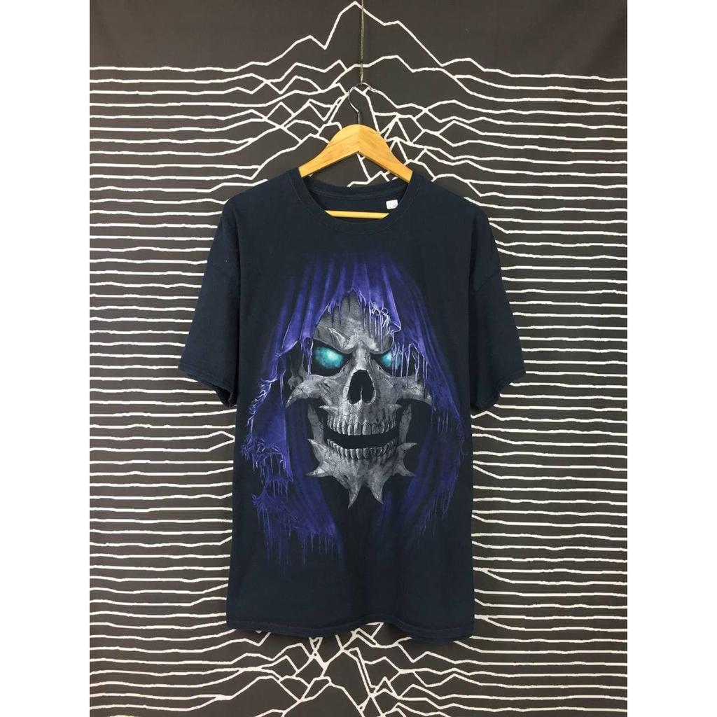 Vtg Schädel Geister Design Liquid Blue Stil Überdruck T-Shirt