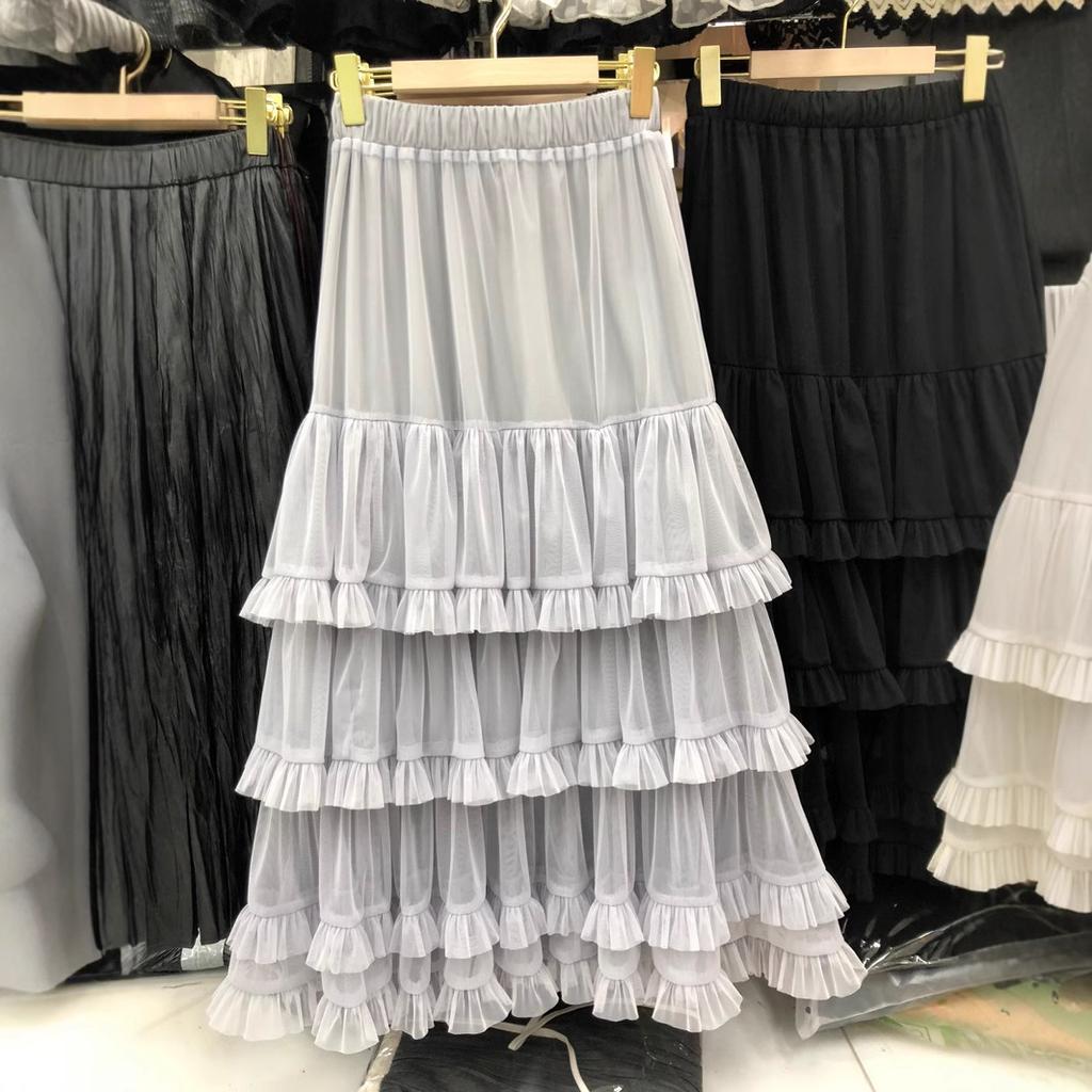 2025 Early New Elastic Waist Lace Lace Splicing A Word Big Pendulum Foreign Style Gray Cake Skirt Long Skirt