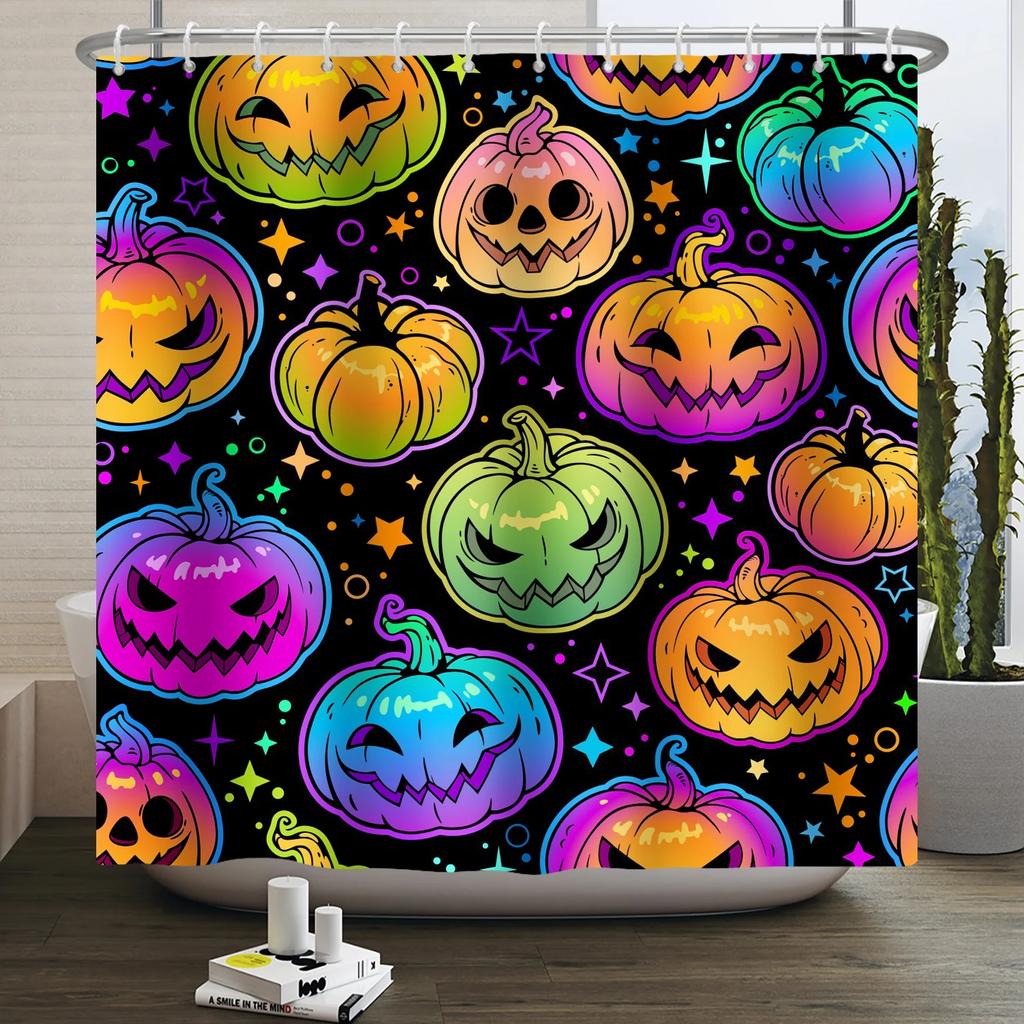 Halloween Shower Curtain Funny Horror Pumpkin Bat Cartoon Cat Happy Halloween Bathroom Curtain for Kids Waterproof Bath Curtain