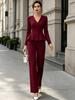 2026 new V-neck linen waist lotus leaf pendulum set European and American commuter long-sleeved two-piece set for women
