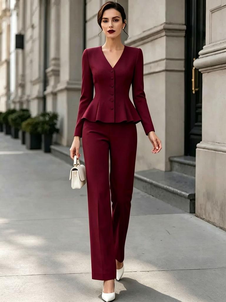 2026 new V-neck linen waist lotus leaf pendulum set European and American commuter long-sleeved two-piece set for women