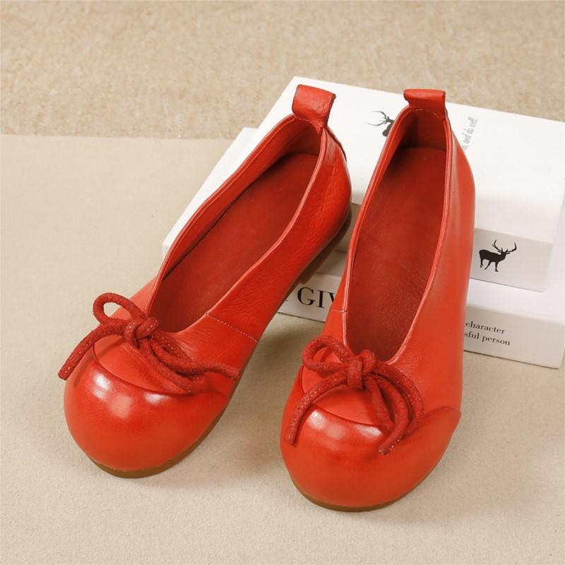 Johnature Women's Shoes Genuine Leather Flat Shoes Soft Soled Butterfly Bow Shallow Slip-on Shoes