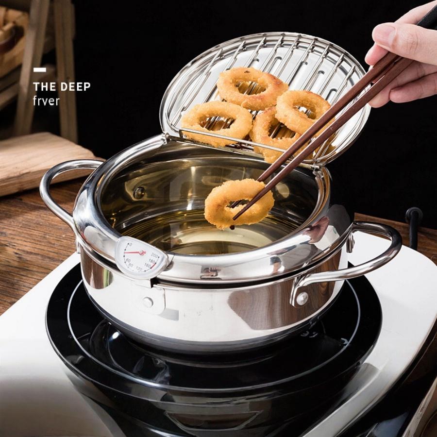 Deep Frying Pot with Thermometer&Lid for Kitchen Stainless Steel Pans Japanese Tempura Fryer Pan Fried Chicken Pot Cooking Tool