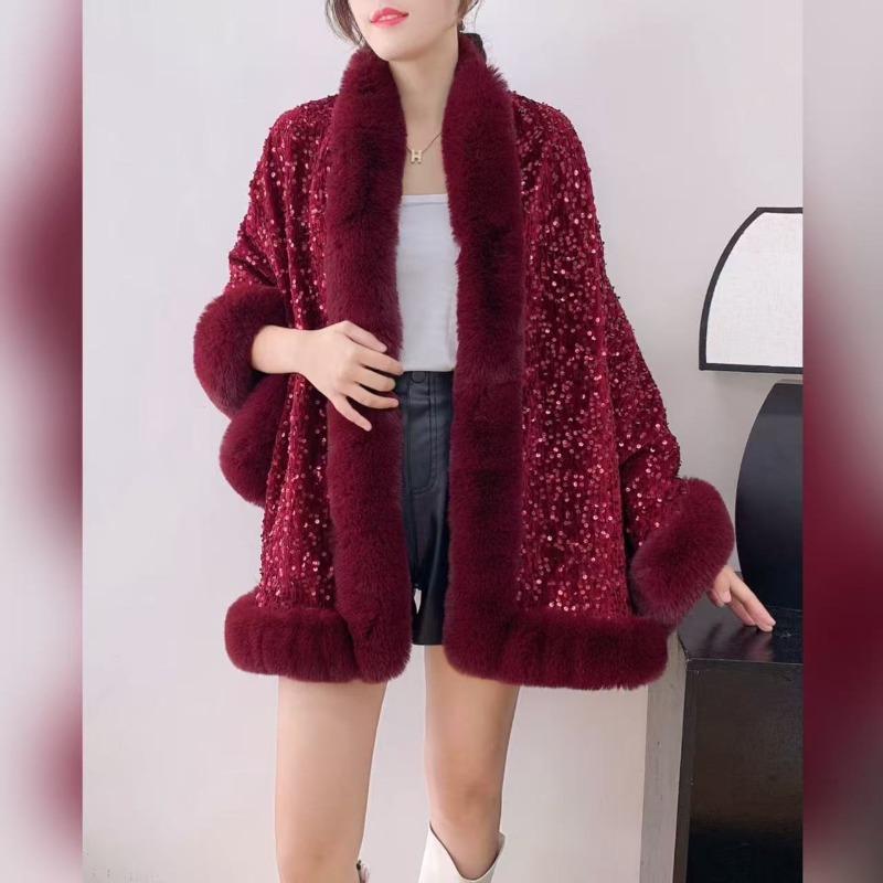 Autumn and Winter Plus Velvet Thickened Big Fur Collar Sequined Shawl Women's Fashion Short Cloak Top