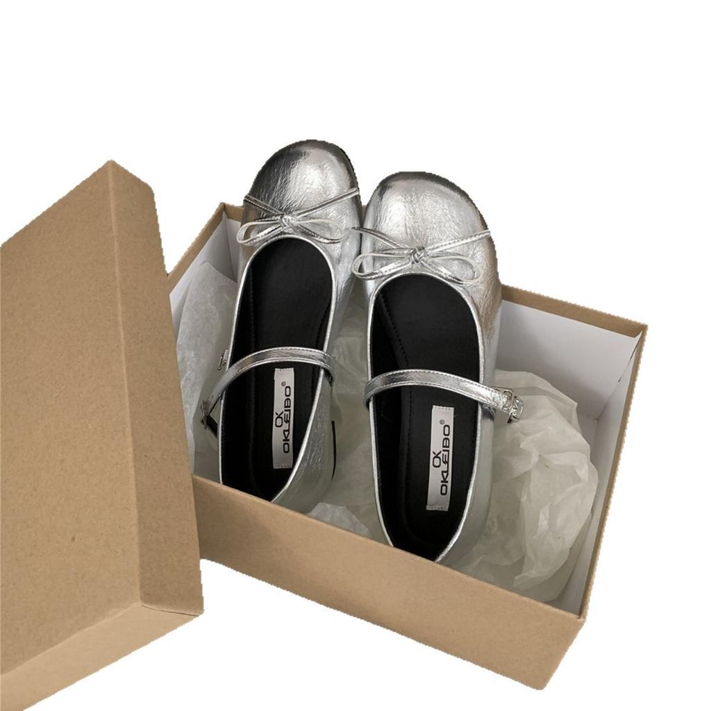 Inner height increase silver bow Mary Jane single shoes women's shoes 2025 new popular fairy style ballet shoes