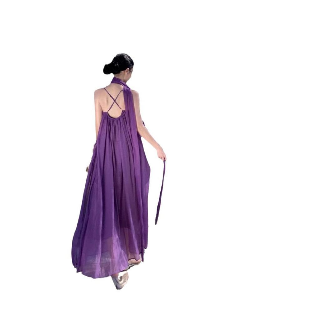Travel Clothes Backless Dress Summer Thin Purple Fairy Dress Photo Seaside Vacation Beach Dress