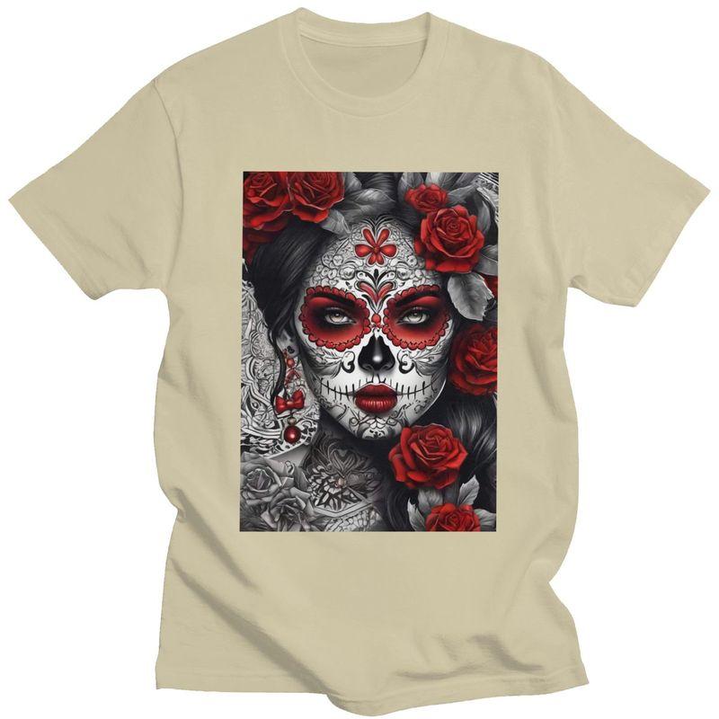 Custom Mexican Catrina Sugar Skull Lady Tshirt for Men Short Sleeves Casual T Shirt Tshirts Slim Fit Pure Cotton Tees Gift