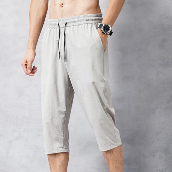 Solid Color Capri Pants Elastic Waist Men Drawstring 3/4 Length Cropped Trousers Sweatpants