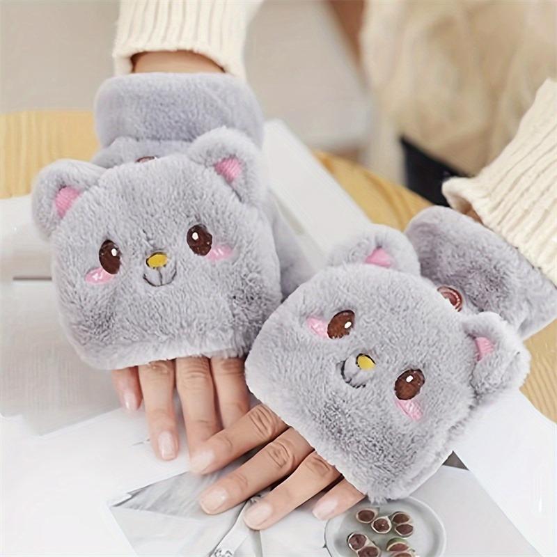 Cute Rabbit Fur Knit Mittens Plush Fingerless Gloves Flip Half Finger Driving Glove Winter Soft Warm Thick Gloves for Women Girl