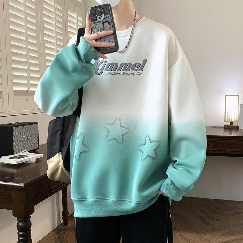 

Осенние топы для мужчин, студентов средней школы, свободная футболка с круглым вырезом, градиентной расцветки, с длинным рукавом, куртка для больших детей, подростковая осенняя толстовка XXXL