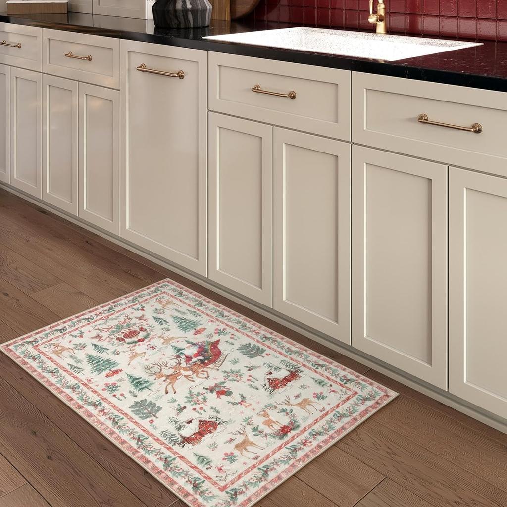 Vintage Interior Christmas Carpet Kitchen Bathroom Carpet Entrance Non-Slip Mat Winter Living Room Bedroom Holiday Decor
