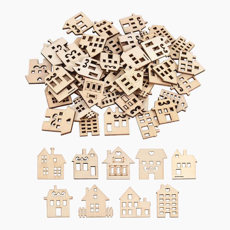 50Pcs Christmas Wooden House DIY Craft Xmas Tree Hanging Ornaments Pendant 2024 Christmas Decoration for Home New Year Kids Gift